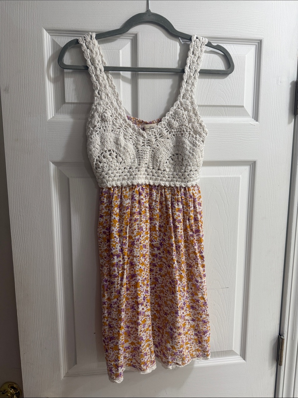 Jessica Simpson Cream Crochet Bodice Yellow & Purple Floral Sundress